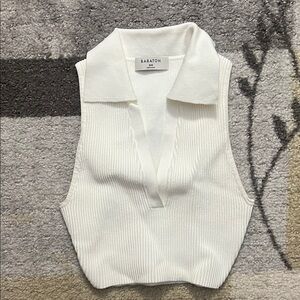 Babaton Ivory Ribbed Sleeveless Polo Crop Top